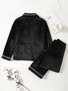 SHEIN Vintage Vertical Texture Contrast Trim Boy's/Teenager Pajamas, Thick Warm Pocket Loose Flannel 2 Pieces Loungewear Set Autumn - Grey - View 2