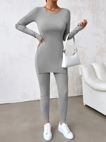 SHEIN طقم قطعتين من القطن للنساء بحجم صغير يتكون من تي شيرت بأكمام طويلة مع فتحات جانبية وسروال ضيق - رمادي - مشاهدة 4