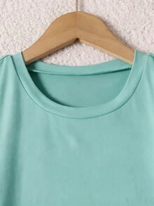 SHEIN 青少年女孩短袖圓領軍綠色休閒街頭風迷你套裝 修身短版T恤 高腰鬆緊腰 夏季派對穿搭 - 藍色 - 查看 6