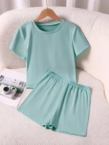 SHEIN 青少年女孩短袖圓領軍綠色休閒街頭風迷你套裝 修身短版T恤 高腰鬆緊腰 夏季派對穿搭 - 藍色 - 查看 5