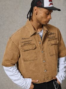 CalleClaro Men's Slogan Print Utility Pocket Fashion Brand Short Sleeve Denim Shirt - Khaki - View 5