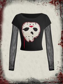 Friday the 13th X ROMWE Women's Patchwork Embroidered Fishnet Sleeve Top, Sexy Hip Hop Style - Black - View 6