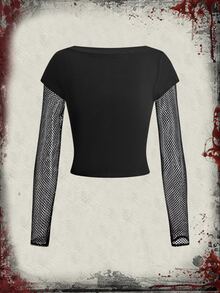 Friday the 13th X ROMWE Women's Patchwork Embroidered Fishnet Sleeve Top, Sexy Hip Hop Style - Black - View 7