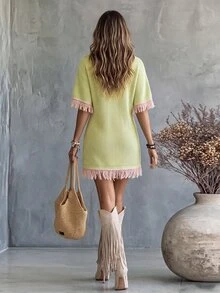 Glimmora European And American Casual Color Block V-Neck Tassel Mid-Sleeve Loose Slouchy Knit Dress - Multicolor - View 2