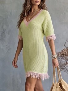 Glimmora European And American Casual Color Block V-Neck Tassel Mid-Sleeve Loose Slouchy Knit Dress - Multicolor - View 6
