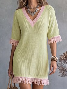 Glimmora European And American Casual Color Block V-Neck Tassel Mid-Sleeve Loose Slouchy Knit Dress - Multicolor - View 3