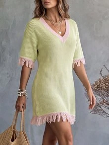 Glimmora European And American Casual Color Block V-Neck Tassel Mid-Sleeve Loose Slouchy Knit Dress - Multicolor - View 4