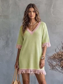 Glimmora European And American Casual Color Block V-Neck Tassel Mid-Sleeve Loose Slouchy Knit Dress - Multicolor - View 5