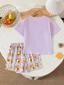 Tween Girl Funny Hot Air Balloon Print Short Sleeve Top And Shorts Pajama Set - Purple - View 2
