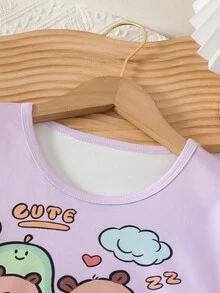 Tween Girl Funny Hot Air Balloon Print Short Sleeve Top And Shorts Pajama Set - Purple - View 6