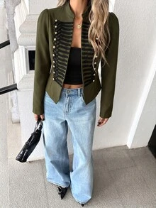 SHEIN PariChic 女款優雅青蛙鈕扣小V領黑色夾克 - 軍綠色 - 查看 5