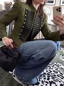 SHEIN PariChic 女款優雅青蛙鈕扣小V領黑色夾克 - 軍綠色 - 查看 1