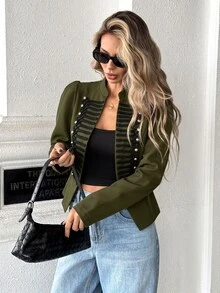 SHEIN PariChic 女款優雅青蛙鈕扣小V領黑色夾克 - 軍綠色 - 查看 7