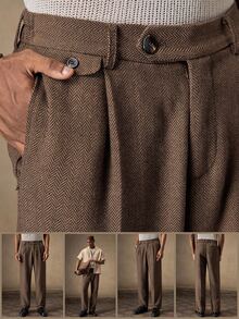 AKNOTIC Business Casual 男士棕色休閒正式百褶長褲，秋季辦公房 fringe 高腰寬鬆直筒梭織長褲，日常度假父親節禮物，足球 - 咖啡棕 - 查看 1