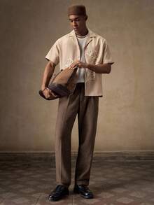 AKNOTIC Business Casual 男士棕色休閒正式百褶長褲，秋季辦公房 fringe 高腰寬鬆直筒梭織長褲，日常度假父親節禮物，足球 - 咖啡棕 - 查看 4
