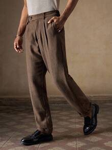 AKNOTIC Business Casual 男士棕色休閒正式百褶長褲，秋季辦公房 fringe 高腰寬鬆直筒梭織長褲，日常度假父親節禮物，足球 - 咖啡棕 - 查看 6