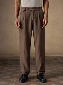 AKNOTIC Business Casual 男士棕色休閒正式百褶長褲，秋季辦公房 fringe 高腰寬鬆直筒梭織長褲，日常度假父親節禮物，足球 - 咖啡棕 - 查看 5