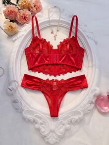 Crystal Vow 两件套新娘内衣套装：银白色蕾丝缎面面料 + 花卉蕾丝刺绣胸衣式文胸（带钢圈支撑）+ 低腰褶皱内裤 - 紅色 - 查看 5