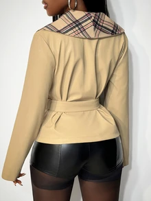 BamGleam Women's Plaid Patchwork Casual Versatile Daily Travel Long Sleeve Jacket - Khaki - View 2