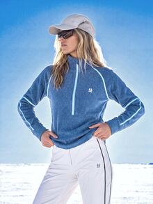 In My Nature Women's Fleece Pullover Blue Long Sleeve High Stretch Warm Half Zip Mock Neck Contrast Trim Autumn Winter Mid Layer For Hiking Camping Outdoor Travel - Blue - View 3