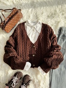 Comfortcana Plus Size Women's Cable Knit Long Sleeve Single-Breasted Casual Cardigan Winter - Brown - View 5