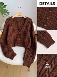 Comfortcana Plus Size Women's Cable Knit Long Sleeve Single-Breasted Casual Cardigan Winter - Brown - View 3