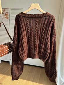 Comfortcana Plus Size Women's Cable Knit Long Sleeve Single-Breasted Casual Cardigan Winter - Brown - View 7