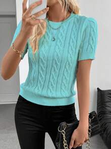 EMERY ROSE Autumn/Winter New European And American Blogger Style 3D Twist Design Crew Neck Knit Sweater - Mint Blue - View 7