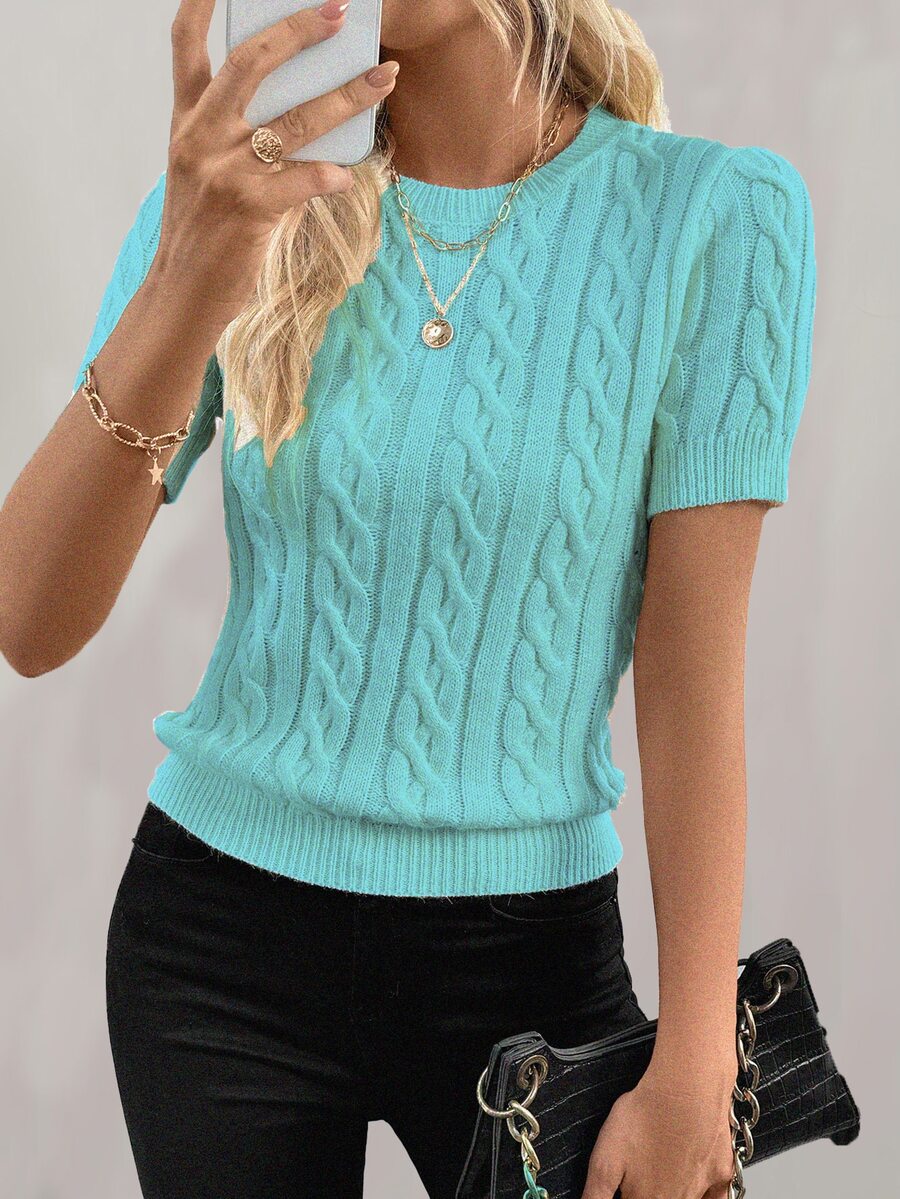 EMERY ROSE Autumn/Winter New European And American Blogger Style 3D Twist Design Crew Neck Knit Sweater - Mint Blue - View 1