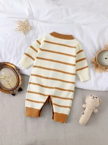 SHEIN Vintaside Kids Infant Boys Fashionable Cute Versatile Colorblock Striped Knit Sweater Romper - Brown - View 2