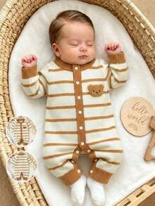 SHEIN Vintaside Kids Infant Boys Fashionable Cute Versatile Colorblock Striped Knit Sweater Romper - Brown - View 1