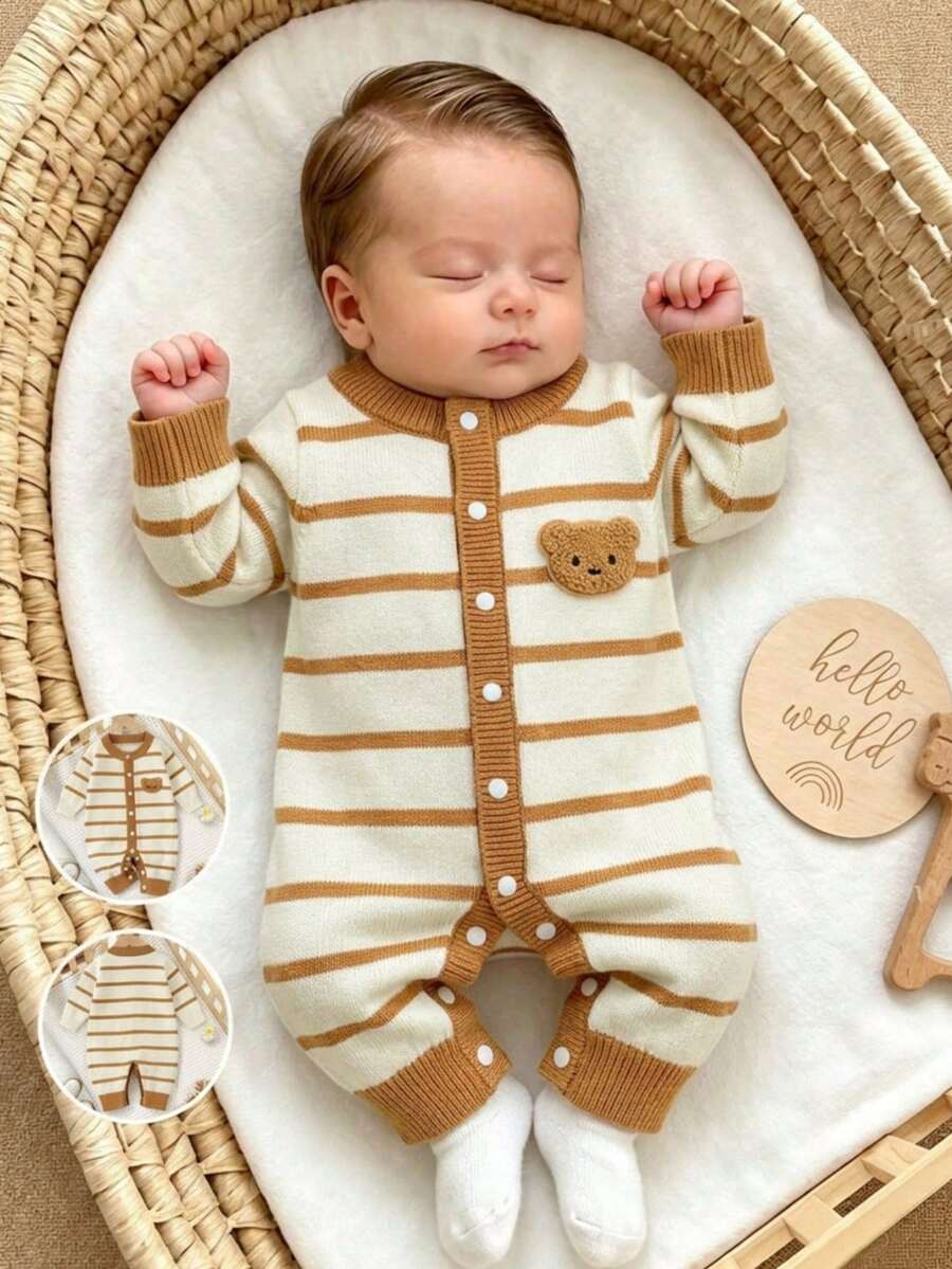 SHEIN Vintaside Kids Infant Boys Fashionable Cute Versatile Colorblock Striped Knit Sweater Romper - Brown - View 1