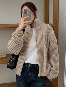 DAZY Women's Solid Color Zipper Casual Versatile Daily Wear Cardigan - Apricot - View 8
