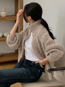DAZY Women's Solid Color Zipper Casual Versatile Daily Wear Cardigan - Apricot - View 9
