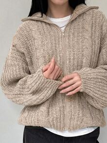 DAZY Women's Solid Color Zipper Casual Versatile Daily Wear Cardigan - Apricot - View 4