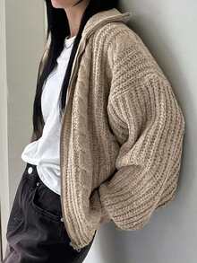DAZY Women's Solid Color Zipper Casual Versatile Daily Wear Cardigan - Apricot - View 3