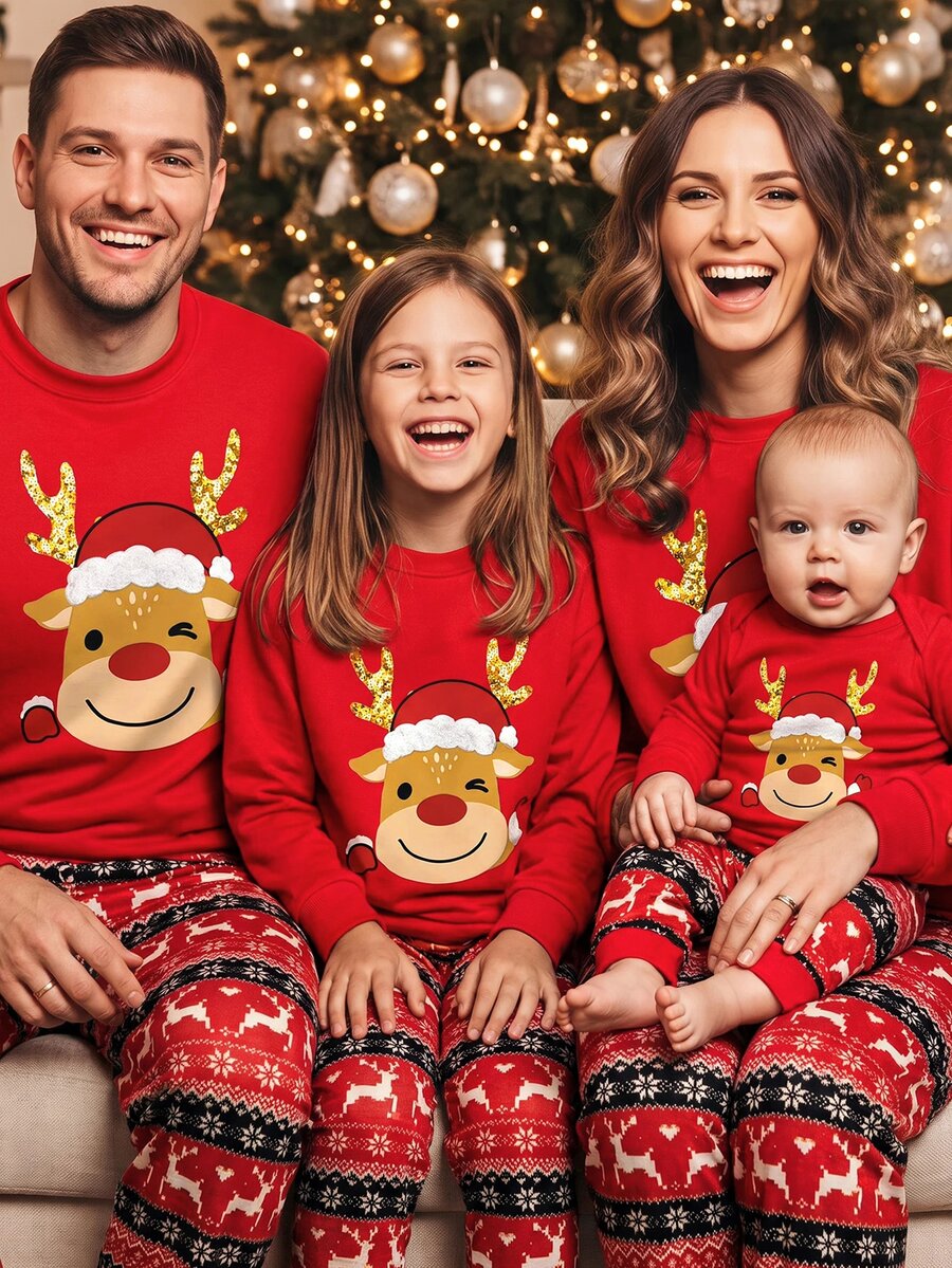 SHEIN Christmas Men's Reindeer Print Long Sleeve Top And Pants Loungewear Set - Multicolor - View 1