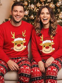 SHEIN Christmas Men's Reindeer Print Long Sleeve Top And Pants Loungewear Set - Multicolor - View 1