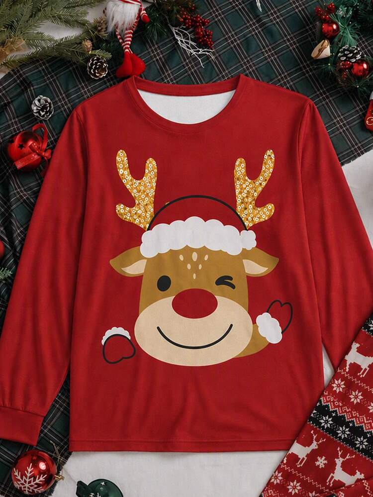 SHEIN Set Pakaian Santai Pria Motif Rusa Natal, Atasan Lengan Panjang dan Celana - MultiWarna - View 3