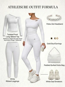 Fluxe Women All White One Shoulder Twist Front Long Sleeve Top Asymmetrical Slim Fit Gym Workout Running Yoga Training Athletic Sporty Sexy Tee Autumn - White - View 8