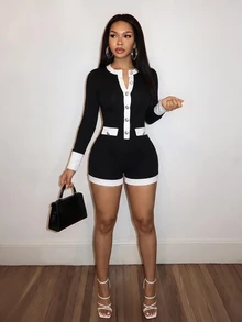 Slaydiva Contrast Trim Knit Elegant Long Sleeve Unitard Romper - Black and White - View 6
