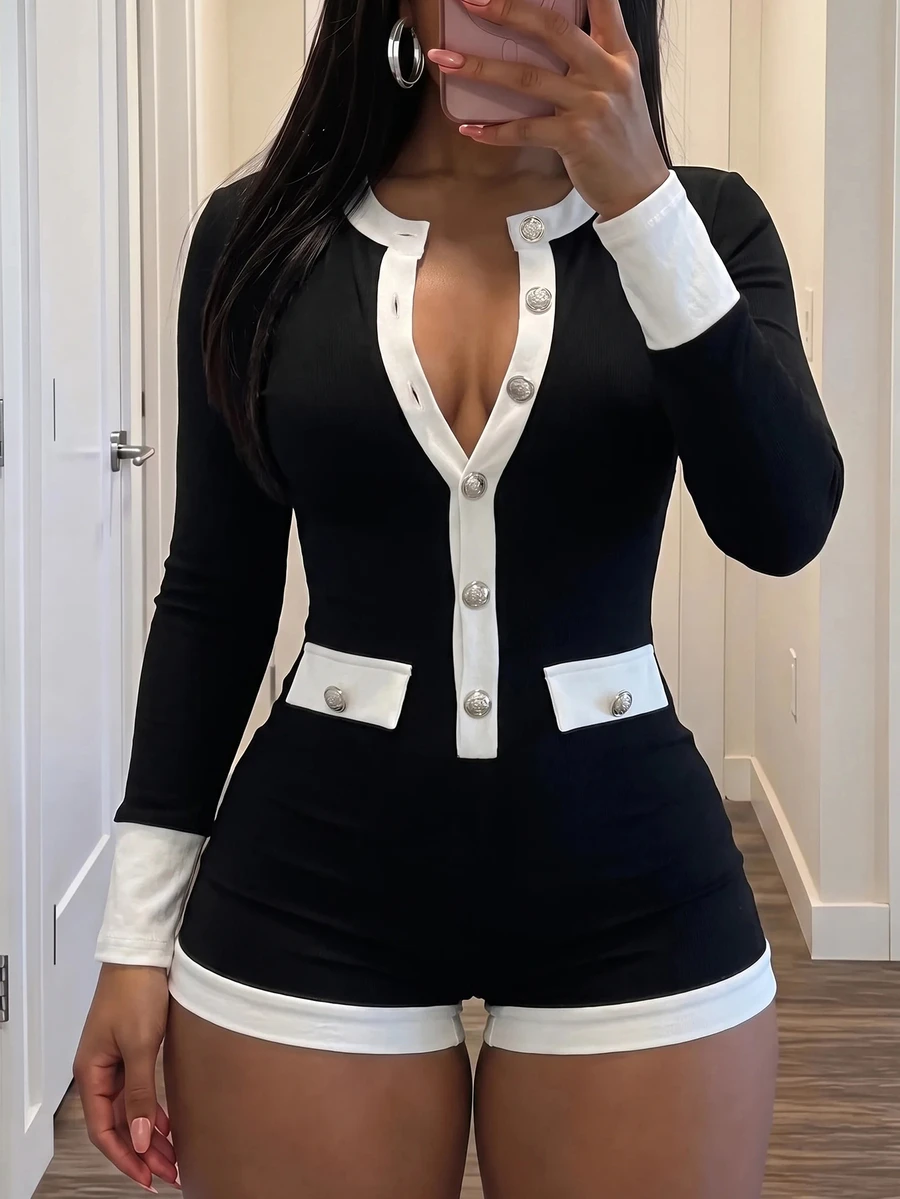 Slaydiva Contrast Trim Knit Elegant Long Sleeve Unitard Romper