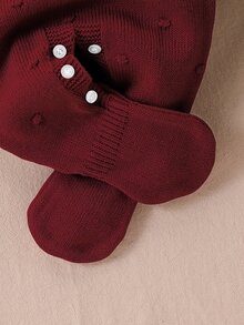 SHEIN 新生兒毛衣爬行服 時尚可愛百搭 新生兒毛衣連身褲 蓬鬆連腳連身衣 適合戶外穿著 秋冬款 - 酒紅色 - 查看 7
