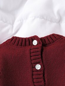 SHEIN 新生兒毛衣爬行服 時尚可愛百搭 新生兒毛衣連身褲 蓬鬆連腳連身衣 適合戶外穿著 秋冬款 - 酒紅色 - 查看 3