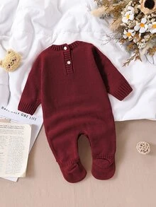 SHEIN 新生兒毛衣爬行服 時尚可愛百搭 新生兒毛衣連身褲 蓬鬆連腳連身衣 適合戶外穿著 秋冬款 - 酒紅色 - 查看 2
