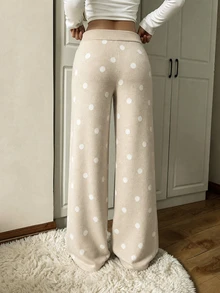 SHEIN Celana Panjang Kaki Lebar Motif Polkadot Unik, Model Slim Fit untuk Pakaian Rumah Musim Gugur dan Musim Dingin - Aprikot - View 2