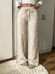 SHEIN Celana Panjang Kaki Lebar Motif Polkadot Unik, Model Slim Fit untuk Pakaian Rumah Musim Gugur dan Musim Dingin - Aprikot - View 4
