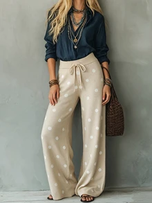 SHEIN Celana Panjang Kaki Lebar Motif Polkadot Unik, Model Slim Fit untuk Pakaian Rumah Musim Gugur dan Musim Dingin - Aprikot - View 8
