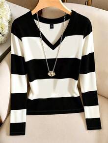 Linhara CURVE 大尺碼女款黑白寬條紋V領長袖T恤，秋季優雅傳統度假休閒正式外出穿搭 - 彩色 - 查看 3
