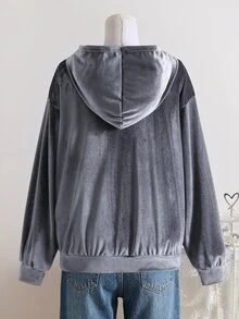 SHEIN 青少年女孩時尚休閒天鵝絨拉鍊運動外套，適合日常外出、校園及各種場合，春秋季外套，季節過渡夾克，運動外套 - 灰色 - 查看 4